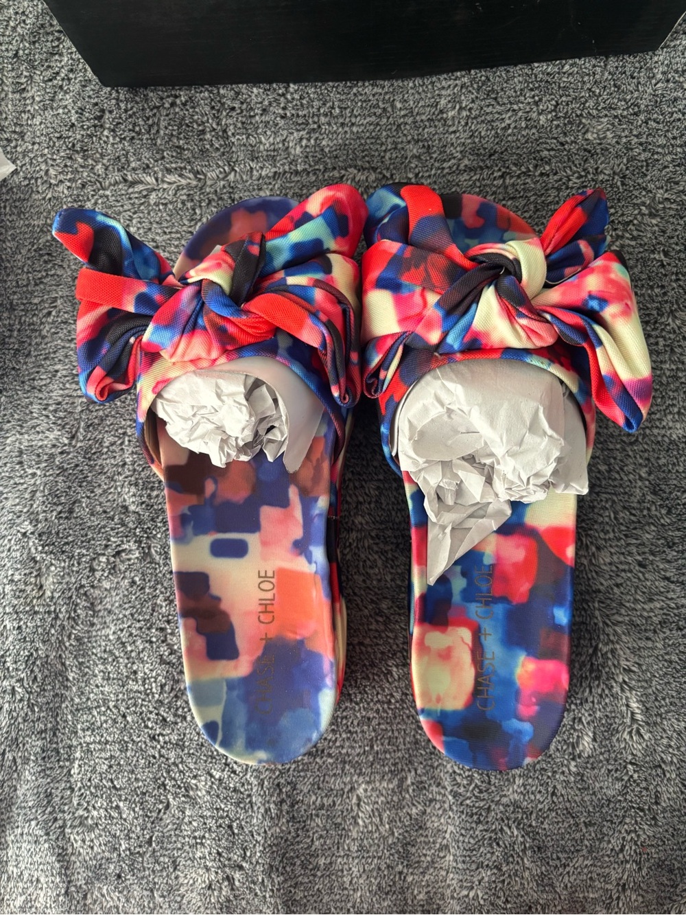 Chloe Multicolor Bow Slide Sandals in Red, Blue & Cream